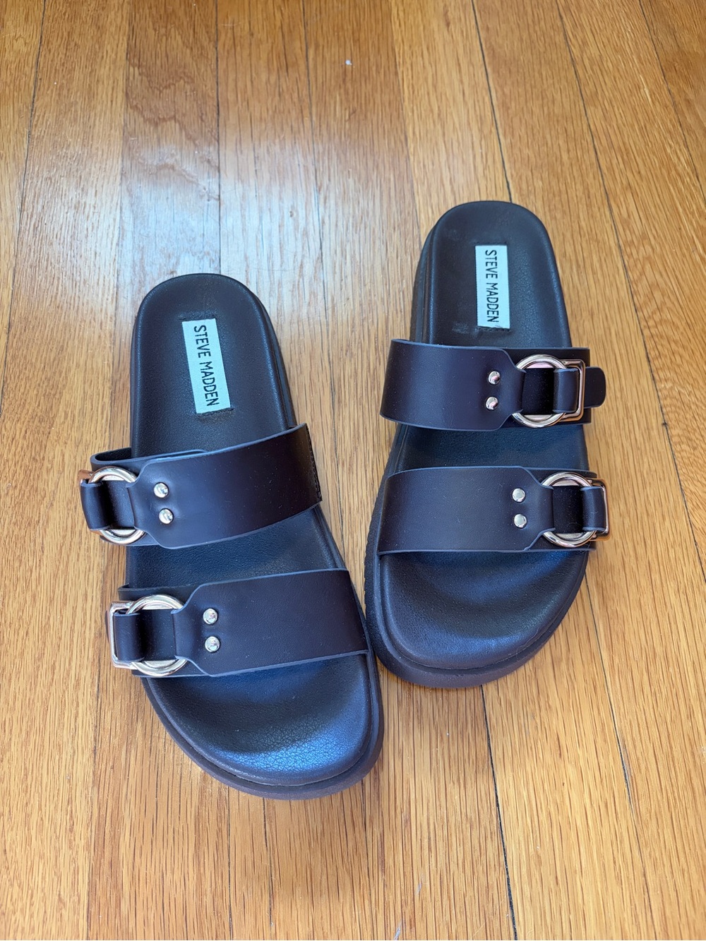 Steve Madden Brown Double Buckle Slide Sandals with Gold Tone Hardware